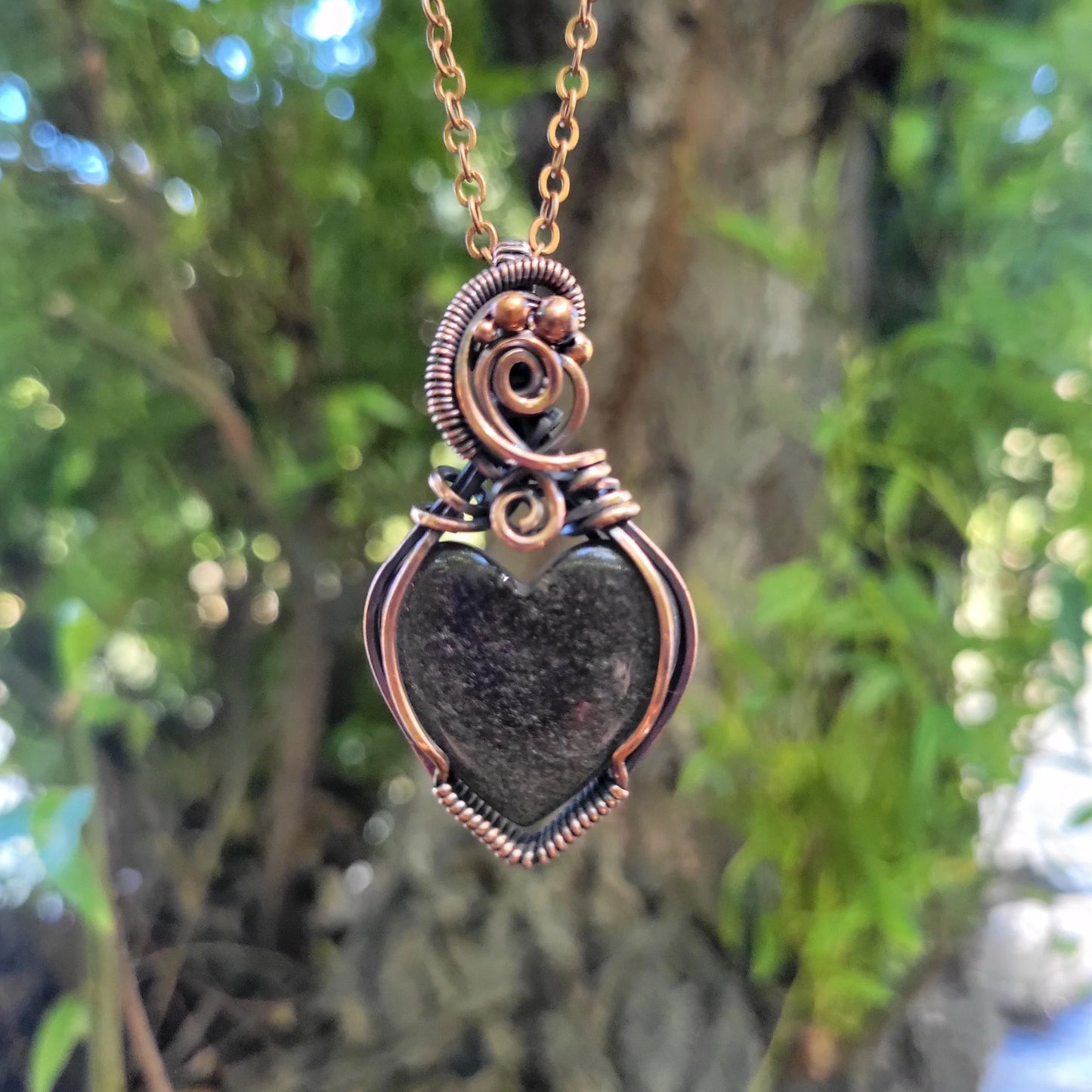 Handcrafted Silver Sheen Obsidian Copper Heart Pendant Necklace — product image 7