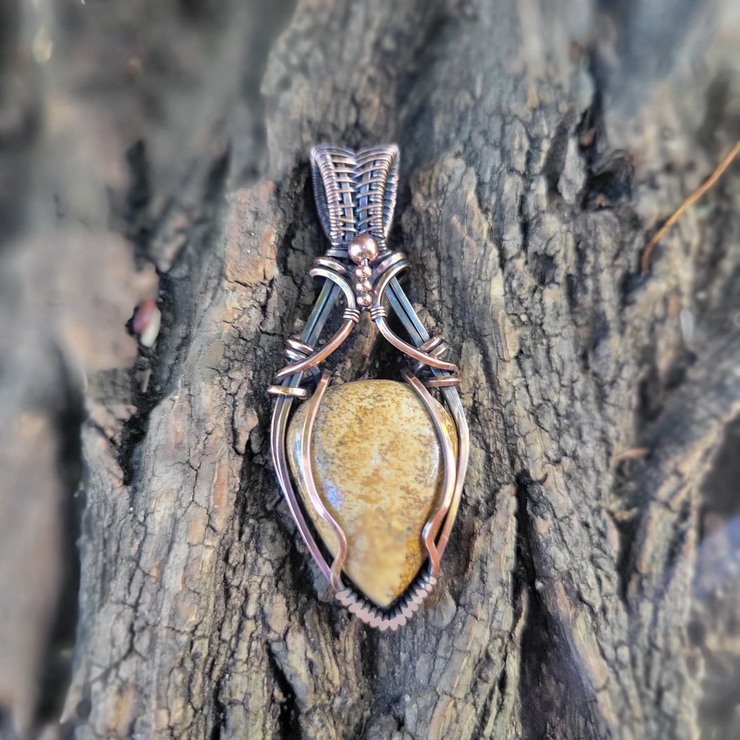 Handcrafted Picture Jasper Copper Pendant Necklace — close-up