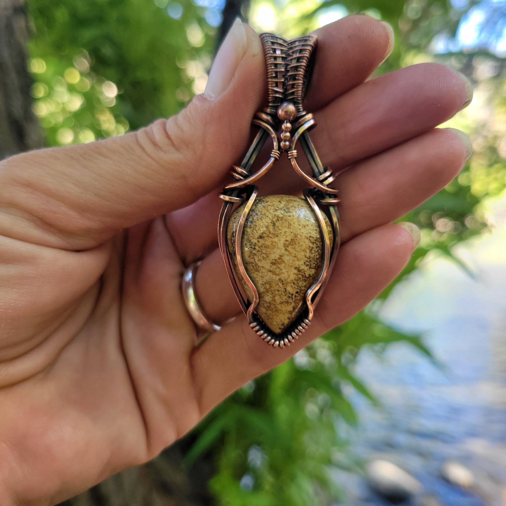 Handcrafted Picture Jasper Copper Pendant Necklace — side view