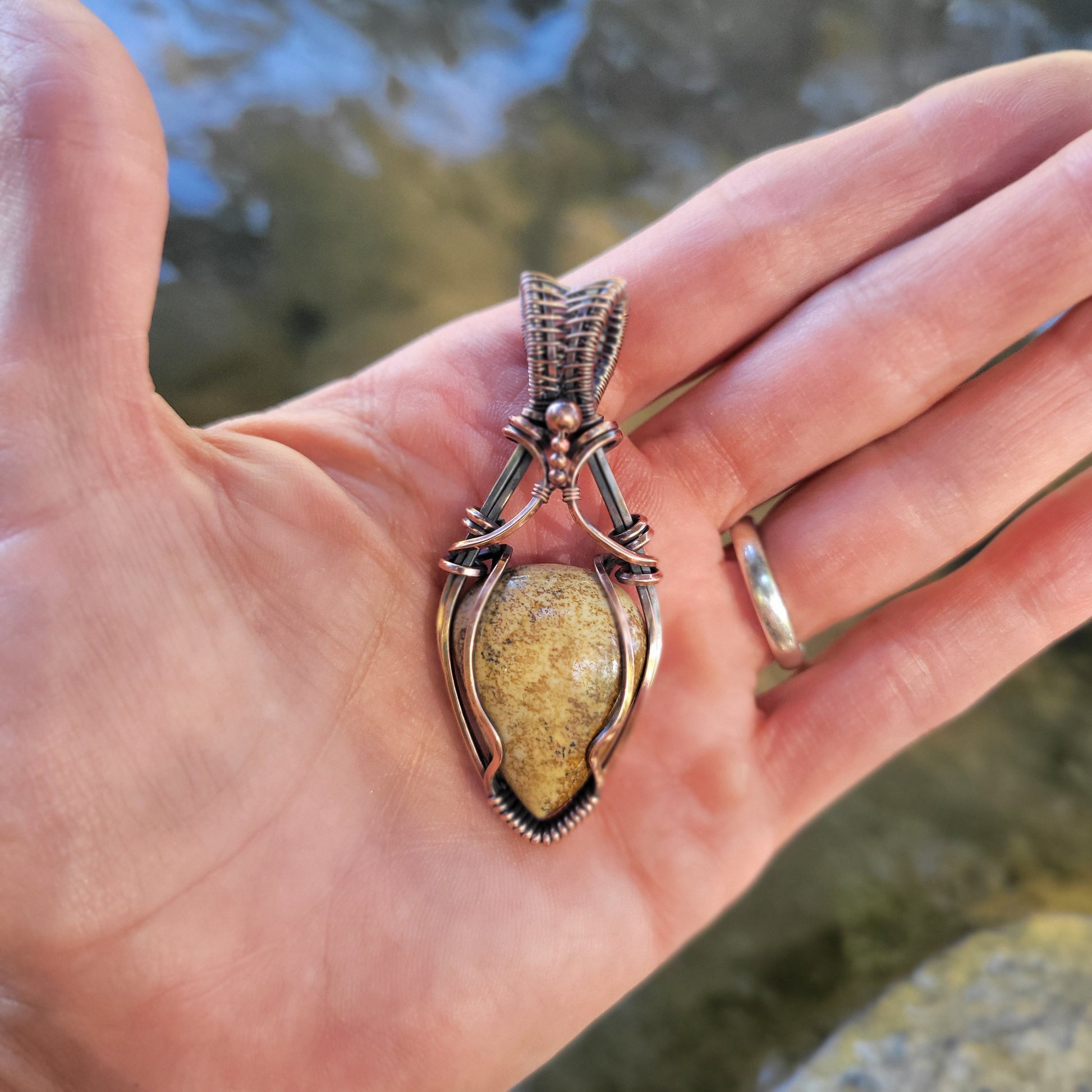 Handcrafted Picture Jasper Copper Pendant Necklace — detail view