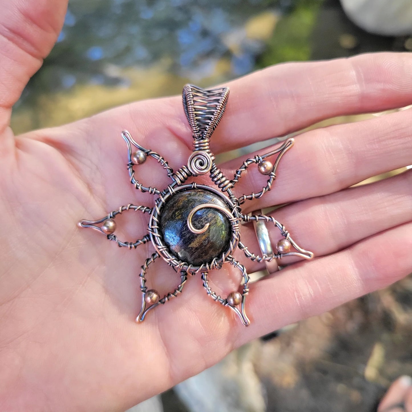 Handcrafted Copper Flower Pendant Necklace — detail view
