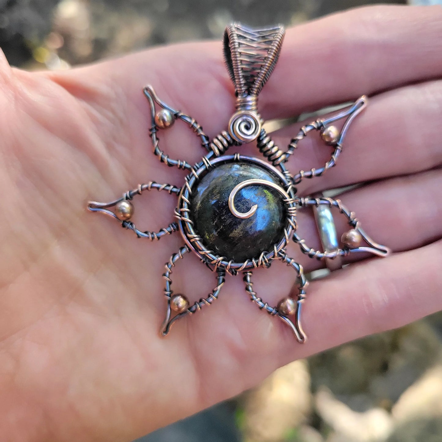 Handcrafted Copper Flower Pendant Necklace — reverse view