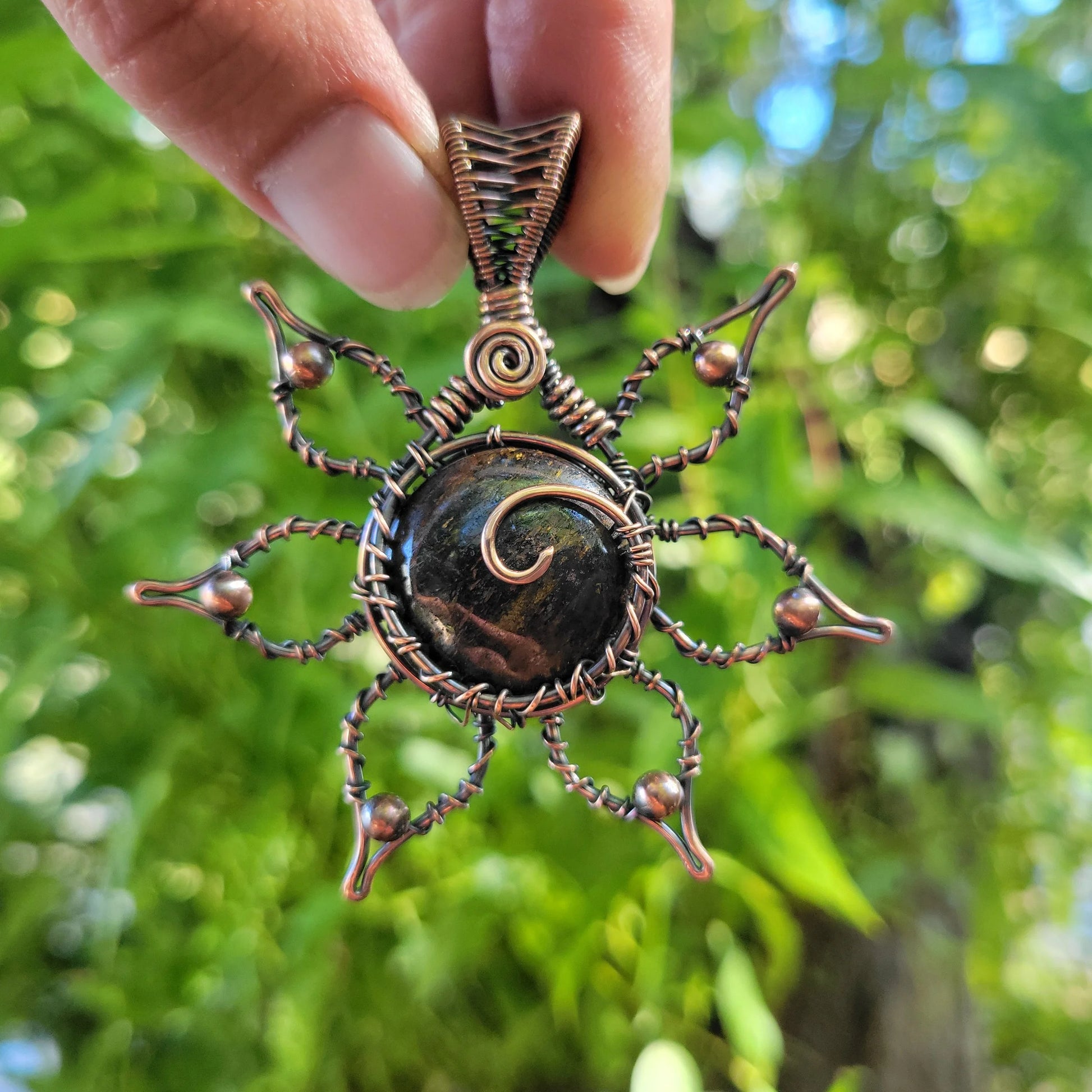 Handcrafted Copper Flower Pendant Necklace — side view