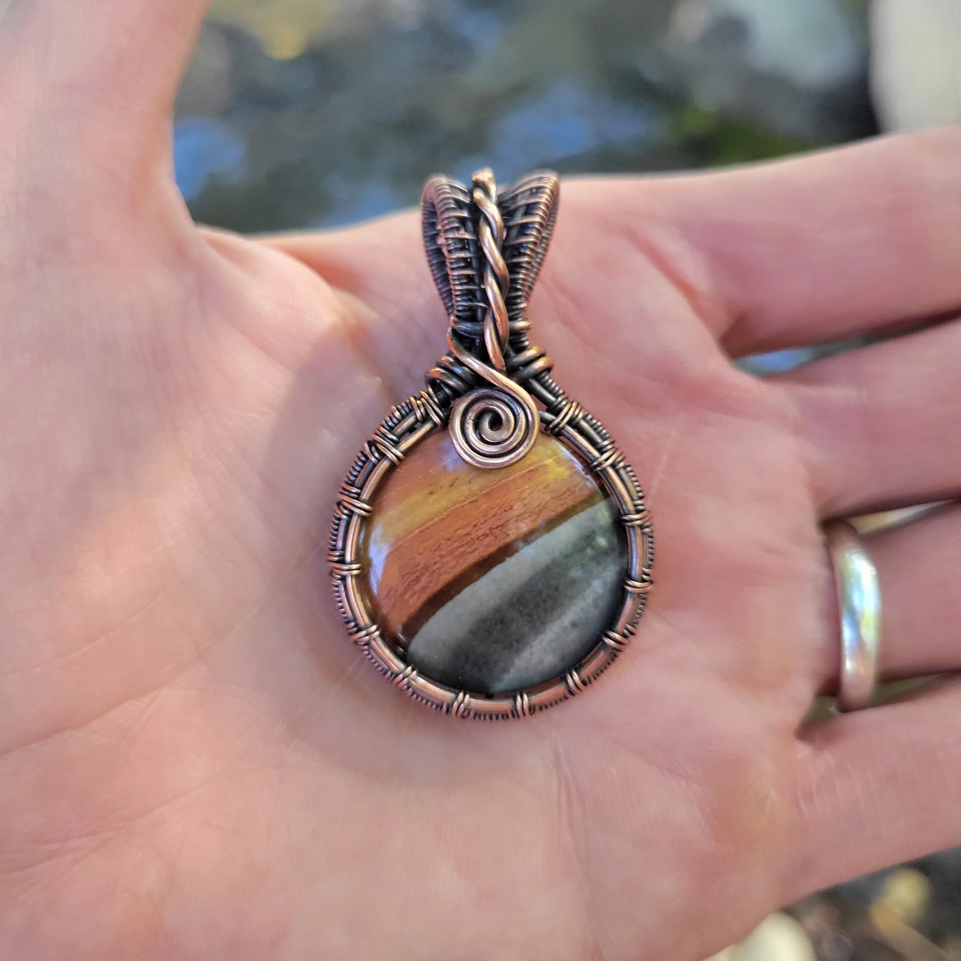 Handcrafted Polychrome Jasper Copper Pendant Necklace — side view