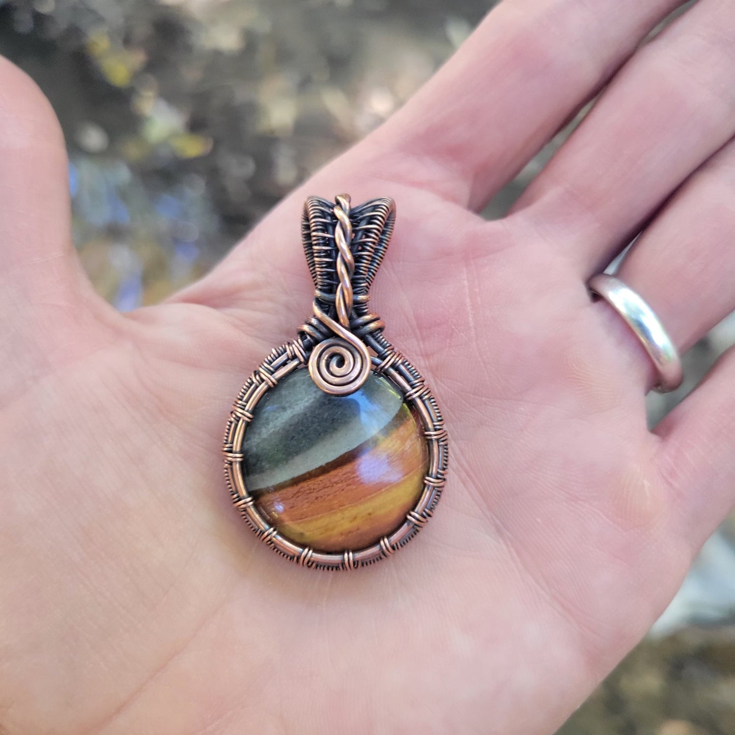 Handcrafted Polychrome Jasper Copper Pendant Necklace — reverse view