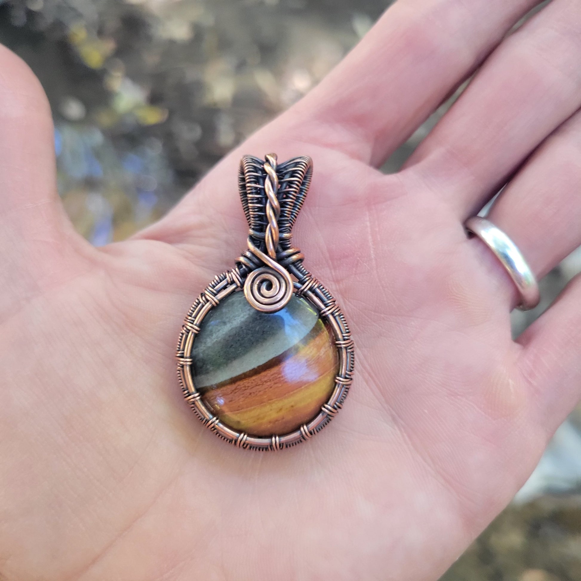 Handcrafted Polychrome Jasper Copper Pendant Necklace — reverse view