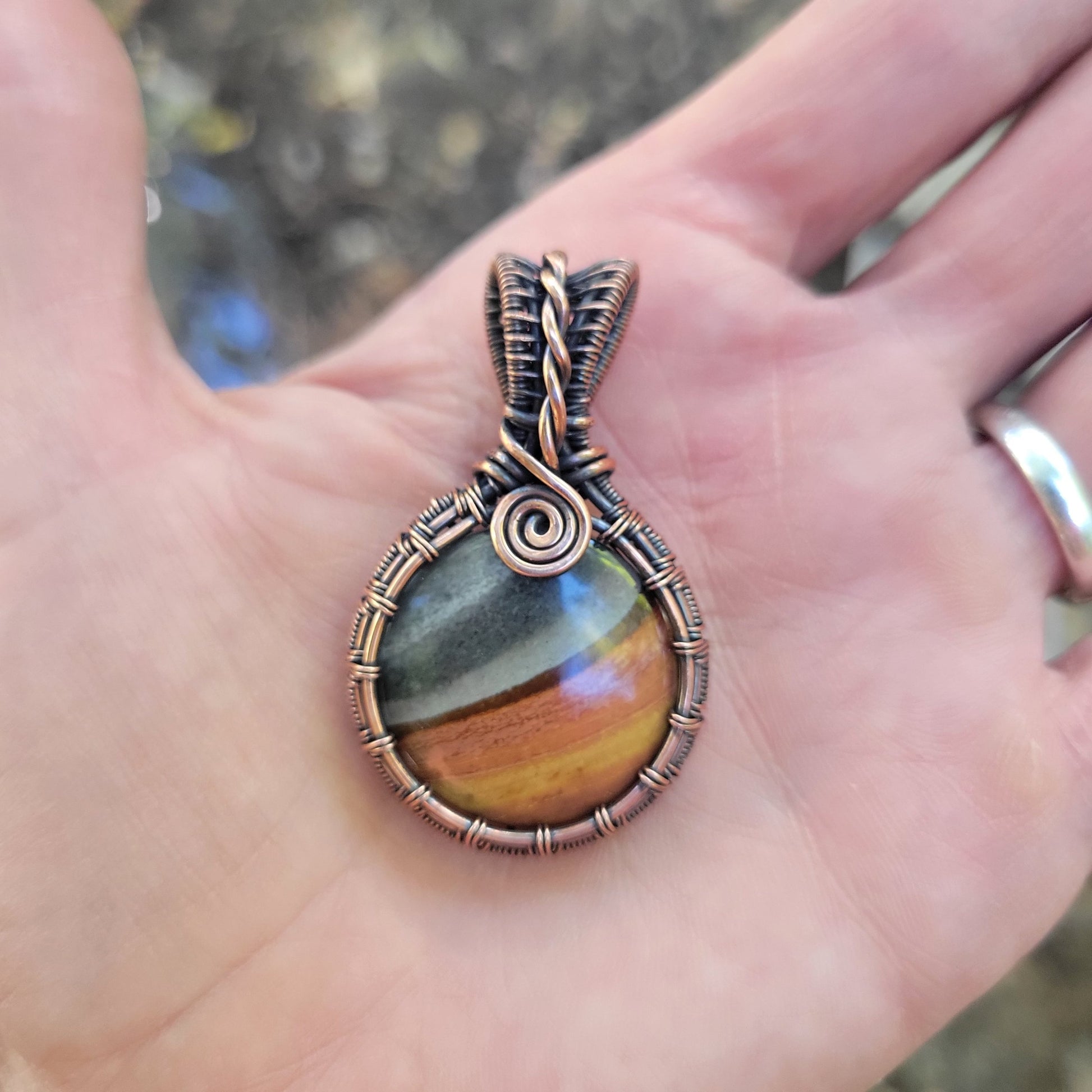 Handcrafted Polychrome Jasper Copper Pendant Necklace — detail view