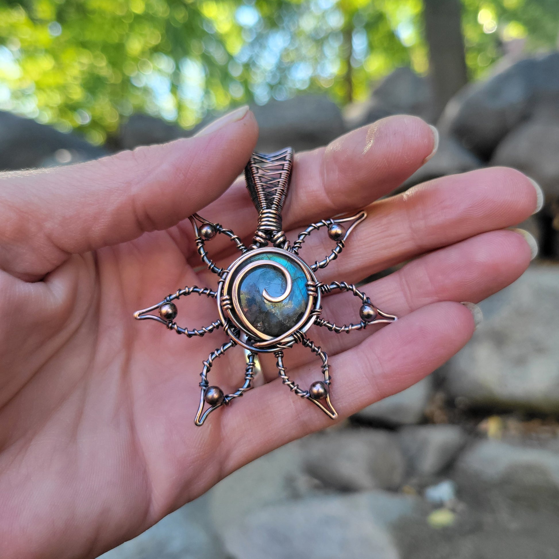 Handcrafted Labradorite Copper Flower Pendant Necklace — front view