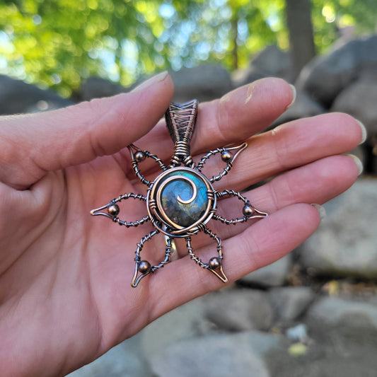 Handcrafted Labradorite Copper Flower Pendant Necklace — front view
