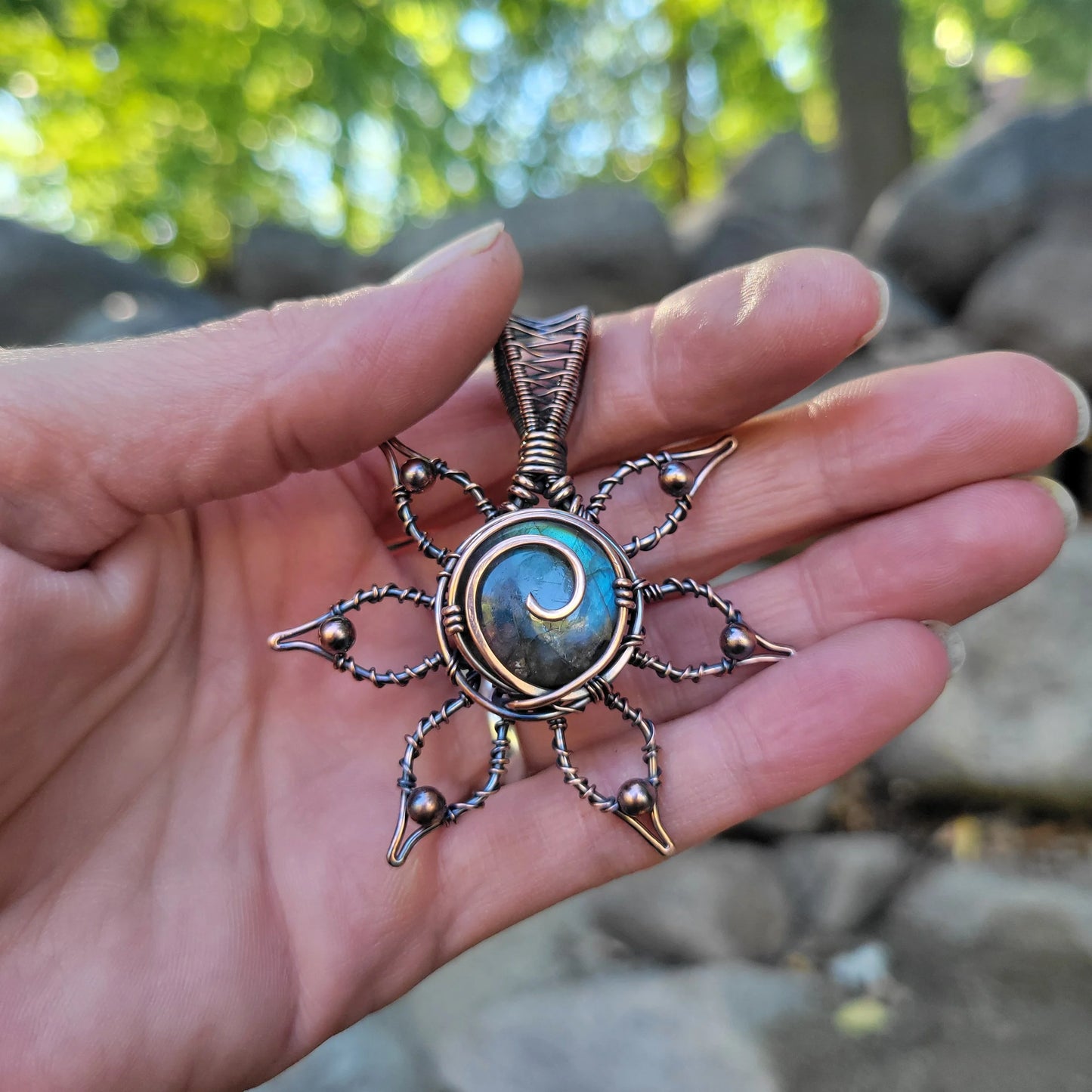 Handcrafted Labradorite Copper Flower Pendant Necklace — product image 8