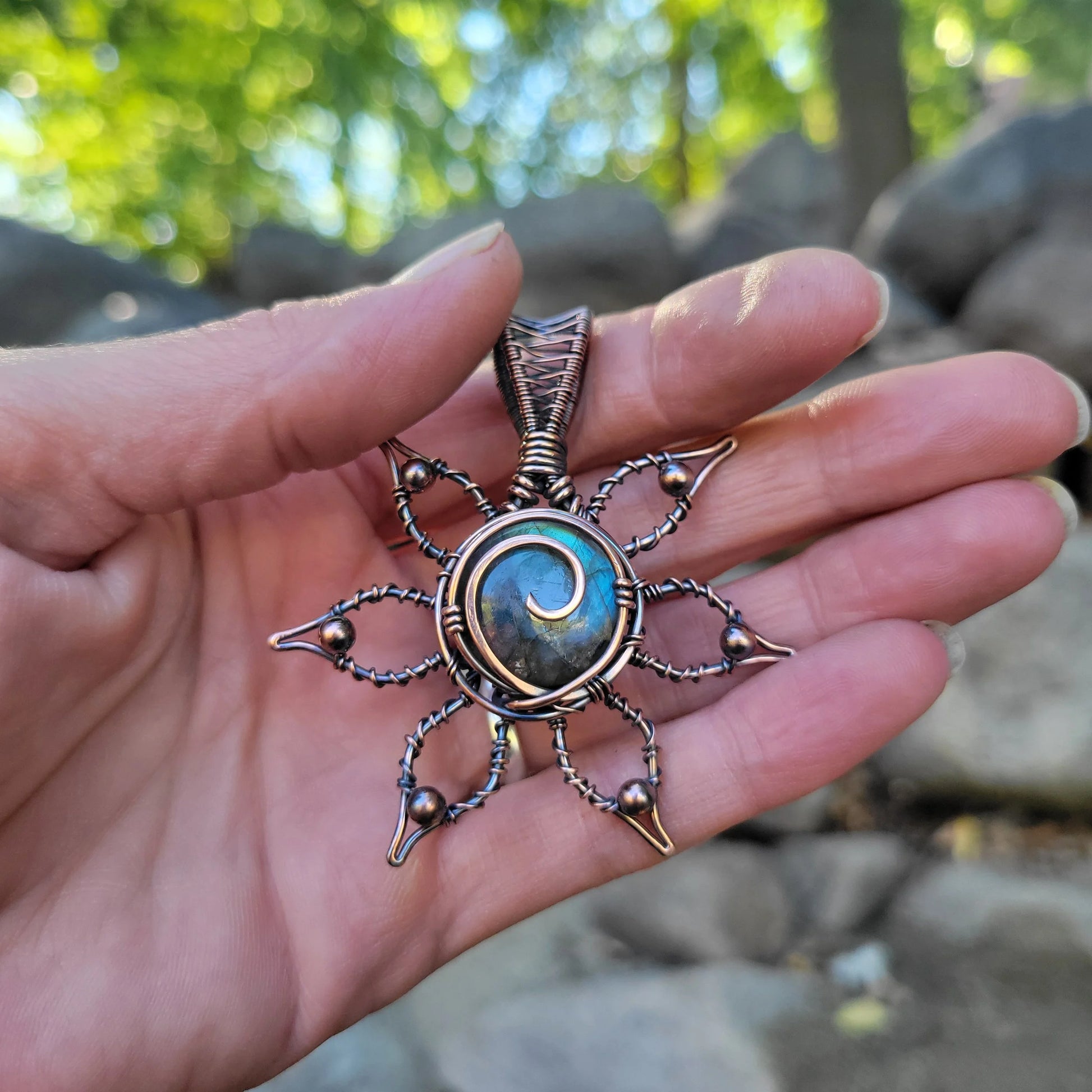 Handcrafted Labradorite Copper Flower Pendant Necklace — product image 8