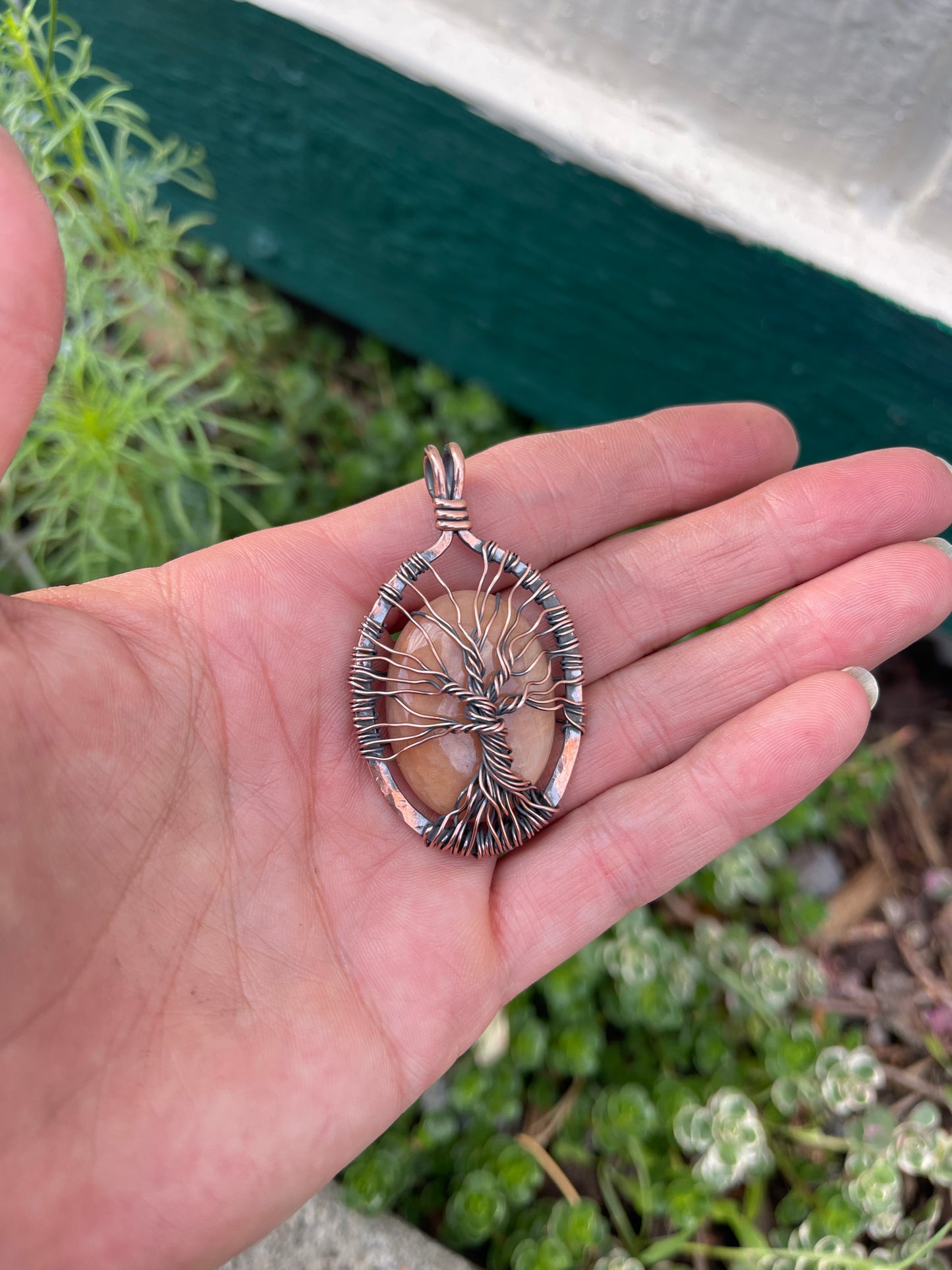 Peach Amazonite Tree of Life Pendant | Copper Wire Wrapped Gemstone Necklace | Handmade Nature Inspired Jewelry