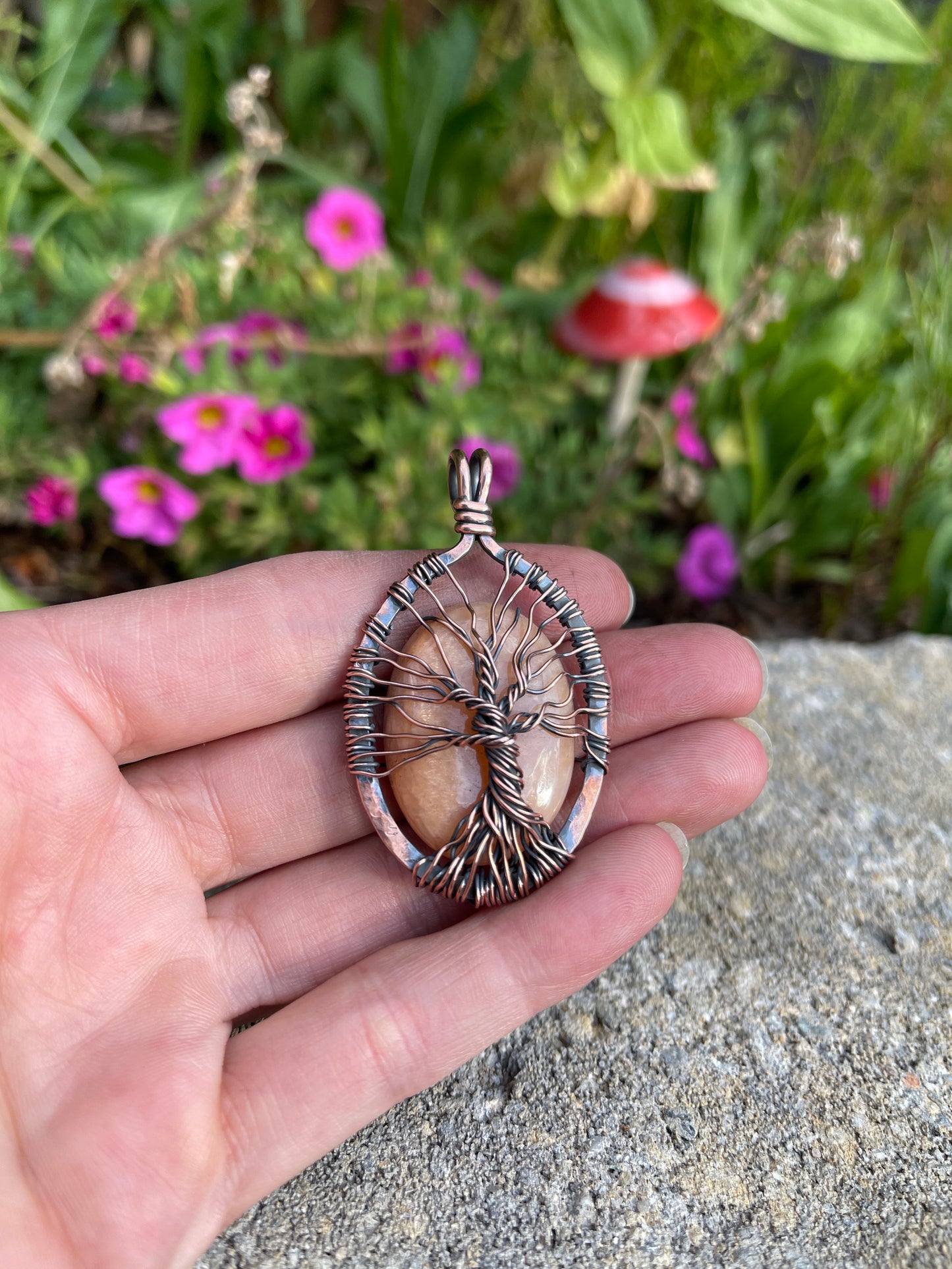 Peach Amazonite Tree of Life Pendant | Copper Wire Wrapped Gemstone Necklace | Handmade Nature Inspired Jewelry