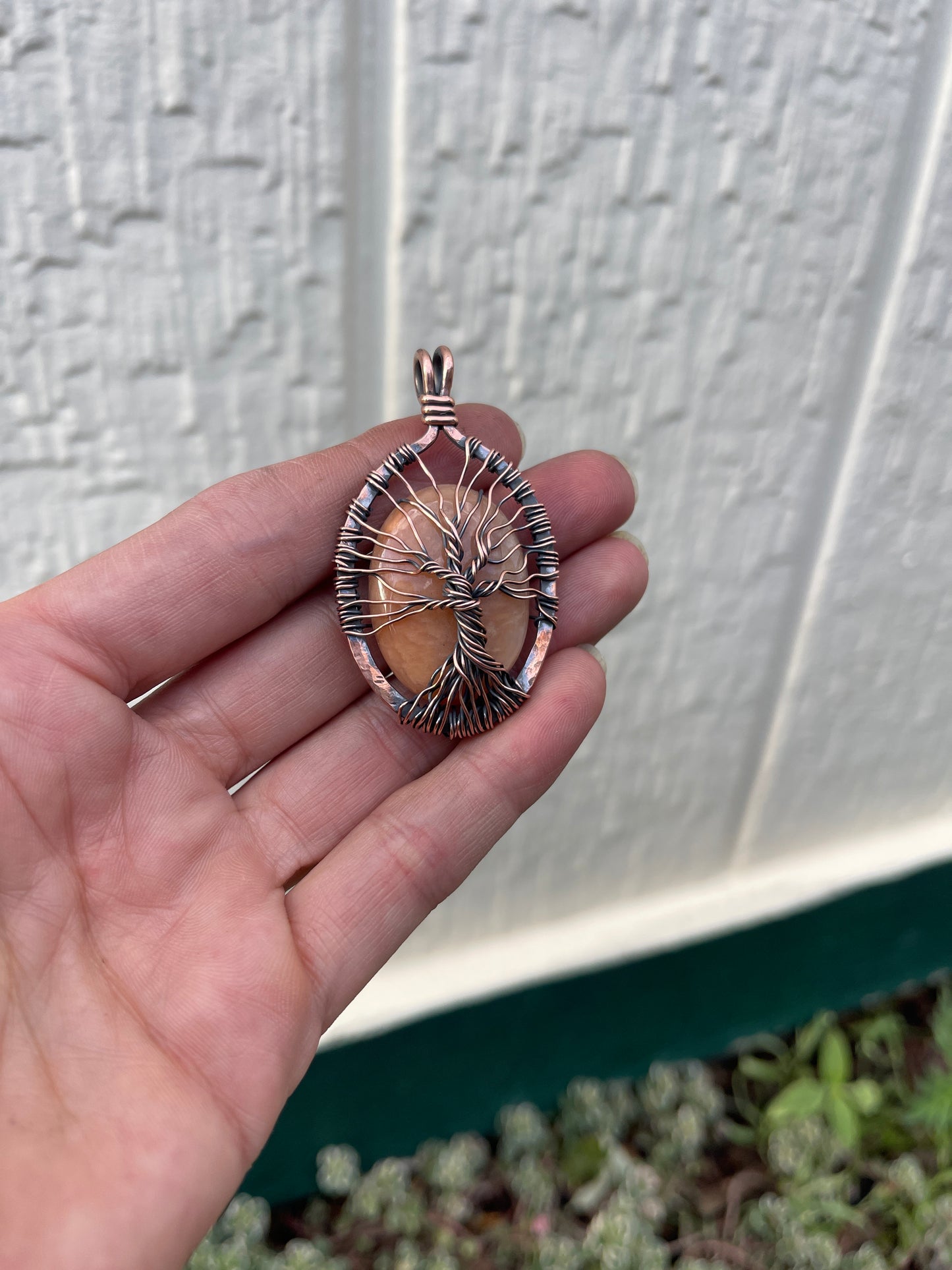 Peach Amazonite Tree of Life Pendant | Copper Wire Wrapped Gemstone Necklace | Handmade Nature Inspired Jewelry